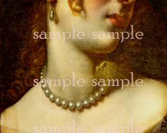 Lámina de collage digital. Descarga digital instantánea. Hermosa mujer renacentista pintada. Gráficos de arte digital. Impresión de arte gótico. Collar de perlas.