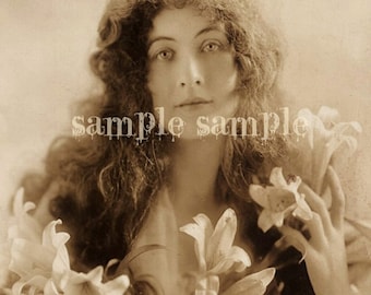 Instant Digital Download Scan Vintage photograph Beautiful Woman Princess Antique FRENCH PostcardGypsy Bohemian Sepia Art Print