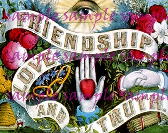 Friendship Love and Truth Decoupage Collage DiY Crafts Digital Download Printable Image Antique Lithograph, Transfers, Wall Folk Art Print