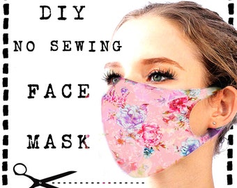 No Sew Face Mask Pattern Template, Reusable, Adjustable, 3 Sizes (Digital Download)