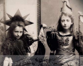 Printable Instant Download Little Girl Witches Halloween Gypsy Tarot Antique Photograph Paper Craft Altered Art