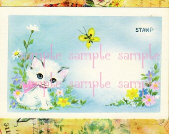 Retro Vintage Kitten Flowers and Butterfly's Postcards, Digital Download Collage Sheet, DIY Crafts, Decoupage Paper Art Supplies Cute kitten