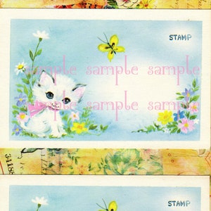 Cartoline retrò vintage con gattini, fiori e farfalle, foglio di collage digitale scaricabile, artigianato fai da te, carta per decoupage, forniture artistiche. Gattino carino.