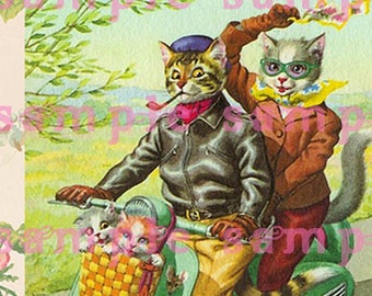 Cats On A Scooter Digital Download Collage Sheet Kitty Art Print Cats and Kittens Vintage illustration Cute Cats