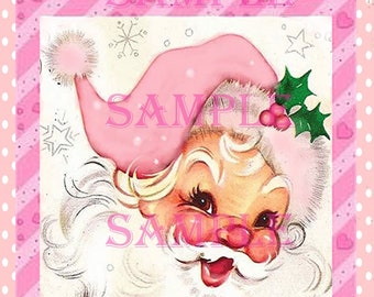 Cute Pink Retro Santa, Printable Vintage Christmas Santa, Holiday Collage Sheet, Junk Journal Images, Pink Shabby Gift Tags