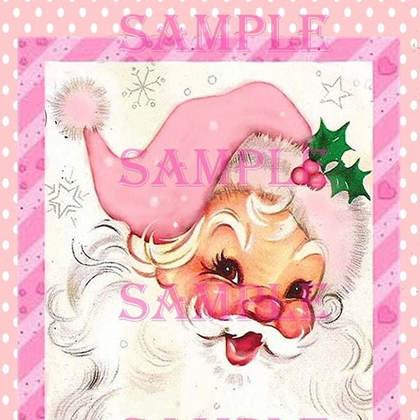 Cute Pink Retro Santa, Printable Vintage Christmas Santa, Holiday Collage Sheet, Junk Journal Images, Pink Shabby Gift Tags