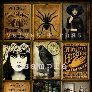 Tarocchi Strega Vintage Vittoriano Chiromante Zingaro Corvo Streghe Chiromanzia Lettore di Palme Foglio di Collage Digitale Stampabile Bestseller di Halloween