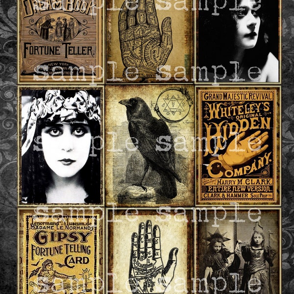 Digital Collage Sheet instant Download Vintage Victorian Fortune Teller Gypsy Raven Witches Palmistry Palm Reader ATC Tarot Bestseller