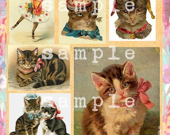 Printable Vintage Christmas kitten Cat images, Victorian scrap Tabby, Digital Collage Sheet, Holiday card making,  Shabby Chic Pink