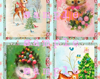 Digital Collage Sheet Vintage Retro Kitschy Pink Christmas Cards Retro Baby Animals Reindeer Kittens DIY Printable Digital INSTANT DOWNLOAD