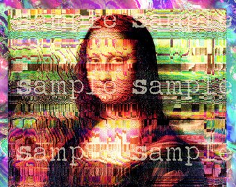 Mixed Media Altered Glitch Art Mona Lisa Woman Portrait, Downloadable Print Rainbow Digital Art Surreal Painting Printable Unusual Wall Art