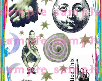 Extraño arte alterado, descarga digital, lámina de collage, ilustraciones en acuarela, luna, estrellas, imágenes prediseñadas curiosas, ATC, ACEO, kit de collage para fanzine de técnica mixta