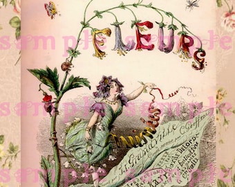 Hoja de collage digital de hadas caprichosas, descarga de arte floral de Les Fleurs, hadas de flores, sprites, manualidades de papel, decoración artística shabby chic