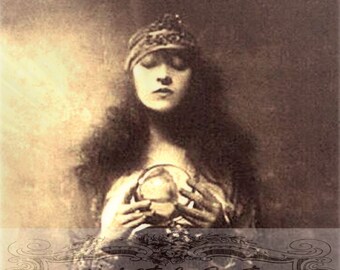Printable Instant Download Witch Fortune Teller Gypsy Tarot Crystal Ball Clairvoyant Medium Witch Antique Photo Paper Craft Altered Art