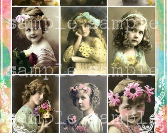 Sweet Little Victorian Girls with Flowers Roses Digital Download Collage Sheet Floral ATC ACEO Paper Craft Scrapbook Mixed Media Altered Art