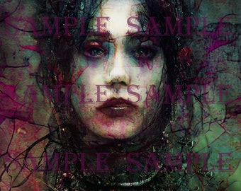Printable Art, Gothic Grunge Woman Portrait, Digital Print, Glitch Art Mixed Media for Junk Journaling or Wall Art Print
