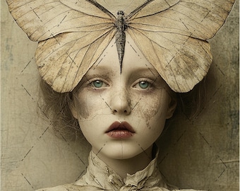 Retrato vintage surrealista y caprichoso, niña mariposa, diarios basura, collage digital caprichoso, arte digital, decoración de pared