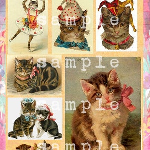 Imagens de gatinhos vintage de Natal para imprimir, gato malhado vitoriano, folha de colagem digital, criação de cartões de Natal, rosa chique gasto