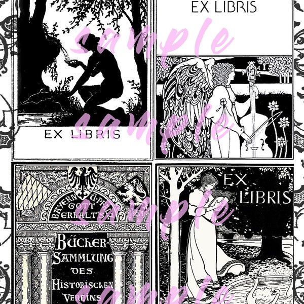 Digital Download Printable Antique Ex Libris Book Plates Medieval Book Labels Art Nouveau French Books