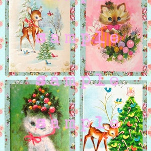 Digital Collage Sheet Vintage Retro Kitschy Pink Christmas Cards Retro Baby Animals Reindeer Kittens DIY Printable Digital INSTANT DOWNLOAD