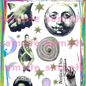 Strange Altered Art Digital Download Collage Sheet Watercolor illustrations Moon Stars Odd Clip Art ATC ACEO Mixed Media Zine Collage Kit
