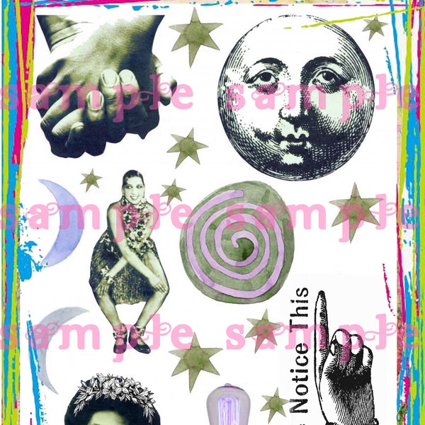 Strange Altered Art Digital Download Collage Sheet Watercolor illustrations Moon Stars Odd Clip Art ATC ACEO Mixed Media Zine Collage Kit