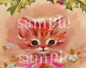 Printable Vintage Retro Kitschy Kitten Pink Christmas Card, Adorable Kitty Cat Painting, Shabby Chic Printable Christmas