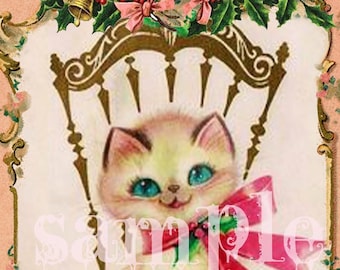 印刷可能なヴィンテージの大きな目の愛らしい子猫のクリスマスカード、クリスマスコラージュ画像ピンクのレトロなキッチュなカード、猫の絵