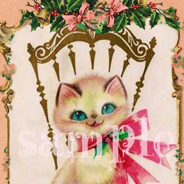 Printable Vintage Big Eye Adorable Kitten Christmas Card, Christmas Collage Images PINK Retro Kitsch card, Cat Painting