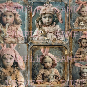 AFDRUKBARE schattige vintage Victoriaanse meisjes met konijnenhoedjes met babykonijntjes, daguerreotypie-stijl, collagevel paashaas
