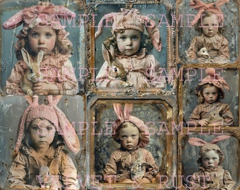 PRINTABLE Adorable Vintage Victorian Girls with Rabbit Hats Holding Baby Bunnies, Daguerreotype Style, Easter Bunny Collage Sheet