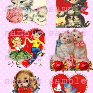 Digital Collage Sheet Instant Digital Download Printable Retro Valentine Clip Art Children Cats Kittens Puppies Paper ARt Shabby Chic Kitty