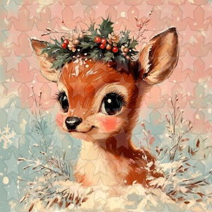 Adorable cerf de Noël vintage à imprimer, bébé renne de Noël rose shabby chic rétro, feuille de collage de vacances, journal indésirable