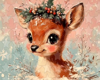 Adorable Printable Vintage Christmas Deer, Retro Pink Shabby Chic Christmas Baby Reindeer, Holiday Collage Sheet, Junk Journal