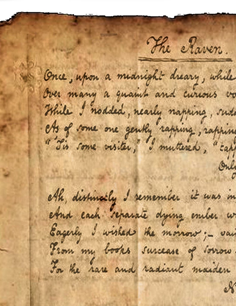 May include: A close-up of a handwritten page from a book titled "The Raven". The page is yellowed and has a worn, aged appearance. The text is written in cursive script and includes the first lines of the poem "The Raven" by Edgar Allan Poe.