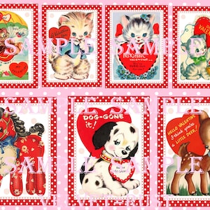 Adorables tarjetas imprimibles de San Valentín con animales retro, imágenes vintage de San Valentín de los años 50, álbumes de recortes, diarios basura