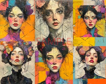 Retratos de mujeres hermosas, collage digital imprimible, revistas basura con técnica mixta, arte alterado, chicas caprichosas