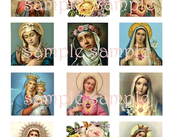 Tarjetas de oración religiosas antiguas imprimibles, collage digital, imágenes vintage de la Virgen María.