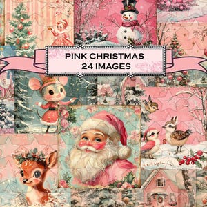 Do druku, urocze obrazy Vintage Retro Pink Shabby Christmas, 24+ Junk Journal Kit Digital Images, arkusz kolażu świątecznego, renifer Santa