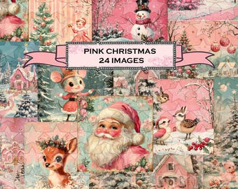 Printable, Adorable Vintage Retro Pink Shabby Christmas Images, 24+ Junk Journal Kit Digital Images, Holiday Collage Sheet, Reindeer Santa