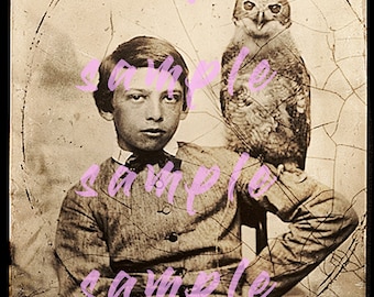INSTANT digital download Boy with Owl Collage Sheet Victorian Photography Dark Art Unusual Witch Altered Art Scary Pet
