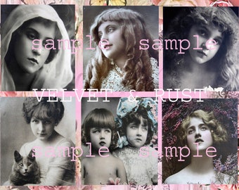 Printable Victorian Women Children Images Shabby Chic  Digital Download Collage Sheet ATC, Pink florals, Printable Junk Journal Pages