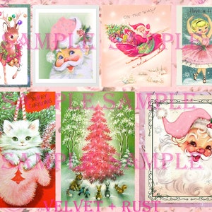 Adorable Printable Vintage Retro Pink Santa, Deer, Kittens Christmas, Holiday Collage Sheet, Junk Journal Images, Pink Shabby Gift Tags