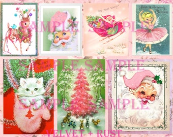 Entzückende druckbare Vintage Retro Rosa Weihnachtsmann, Rehe, Kätzchen Weihnachten, Urlaub Collage Sheet, Junk Journal Bilder, Rosa Schäbige Geschenkanhänger
