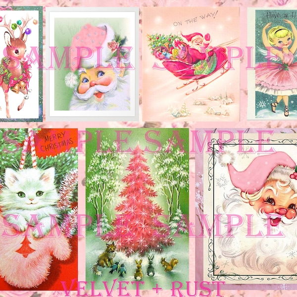 Adorable Printable Vintage Retro Pink Santa, Deer, Kittens Christmas, Holiday Collage Sheet, Junk Journal Images, Pink Shabby Gift Tags