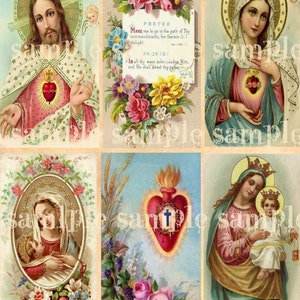 Digital Collage Sheet HOLY Prayer Cards DIGITAL instant download Religious Art Victorian Floral Scrap Sacred Heart Madonna Shabby Chic Pink