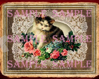 愛らしいヴィンテージビクトリア朝風子猫のプリント、レトロなエドワード朝風クリスマスカード、ホリデーコラージュシート、ジャンクジャーナル画像