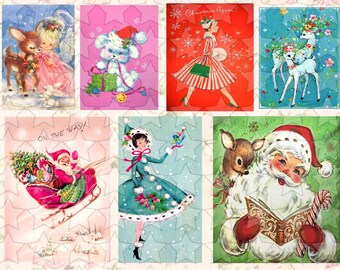 Adorable Printable Vintage Retro Christmas, Santa, Baby Deer, Mouse, Pink & Blue Shabby Chic Holiday Collage Sheet, Junk Journal Images