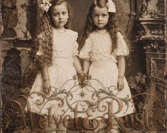 Victorian Little Girls Holding Hands,  Antique Photograph, Adorable Sisters, Gothic Printable Art (Digital Download)
