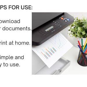 May include: A black and white printer with a sheet of paper coming out of the paper tray. The paper has a graph printed on it. There is a potted plant and a pencil holder with coloured pencils on a white surface.